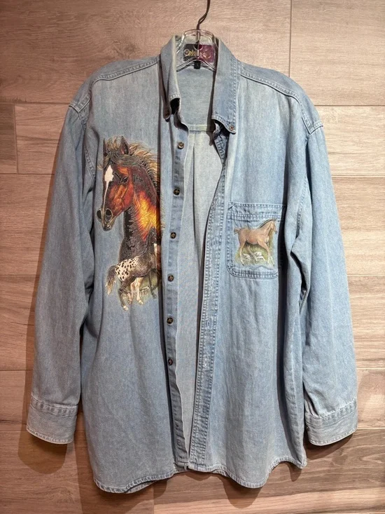 Vintage 100% Cotton Horse Graphic Denim Western Shirt - Oversized Boyfriend Fit - Picture 3 of 9